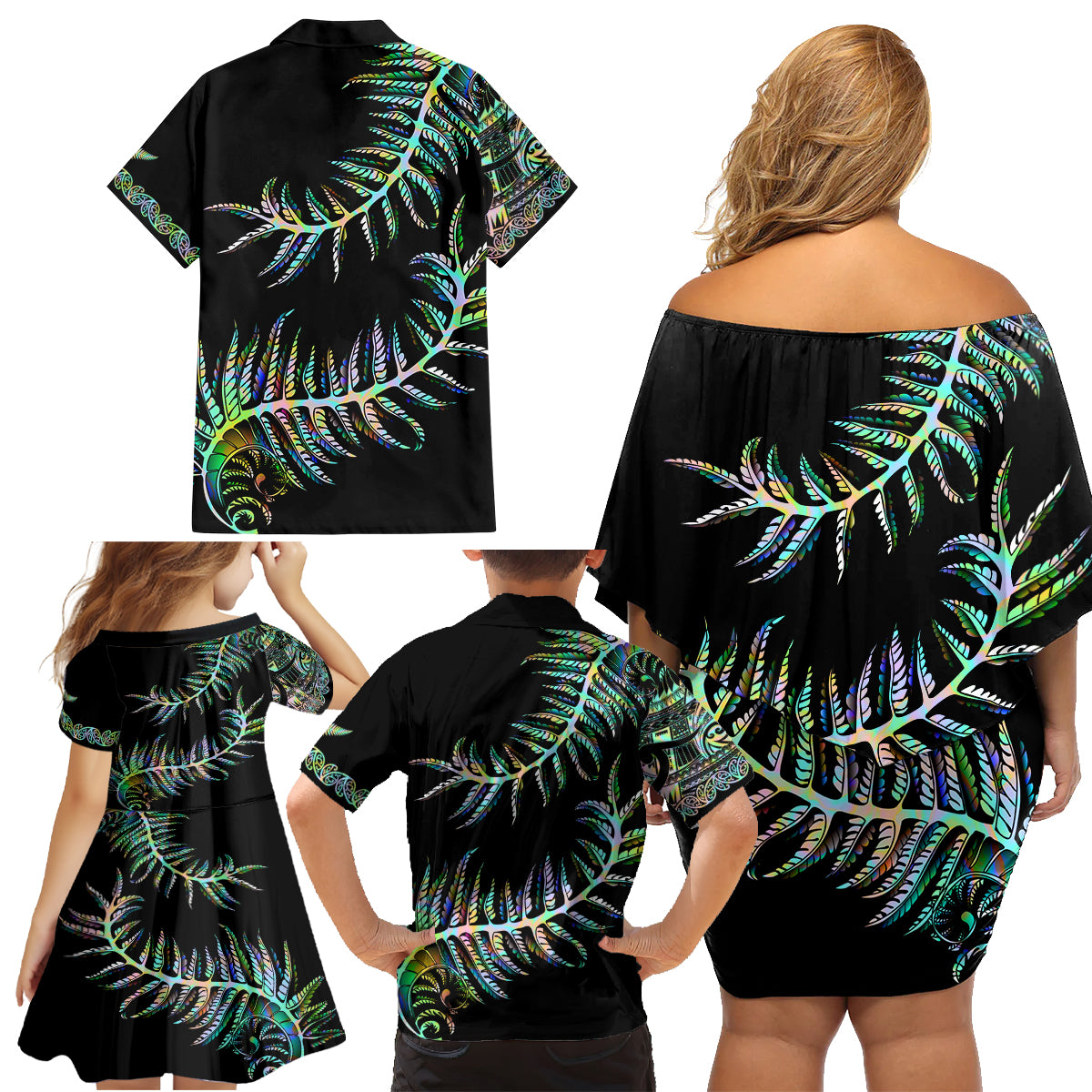 New Zealand Family Matching Off Shoulder Short Dress and Hawaiian Shirt Aotearoa Silver Fern Mixed Papua Shell Green Vibe LT9 - Wonder Print Shop