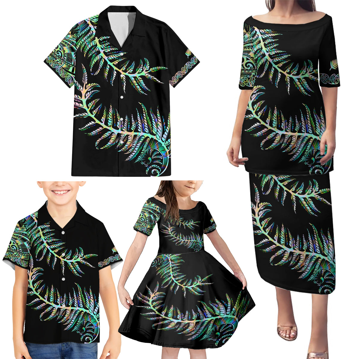 New Zealand Family Matching Puletasi Dress and Hawaiian Shirt Aotearoa Silver Fern Mixed Papua Shell Green Vibe - Wonder Print Shop