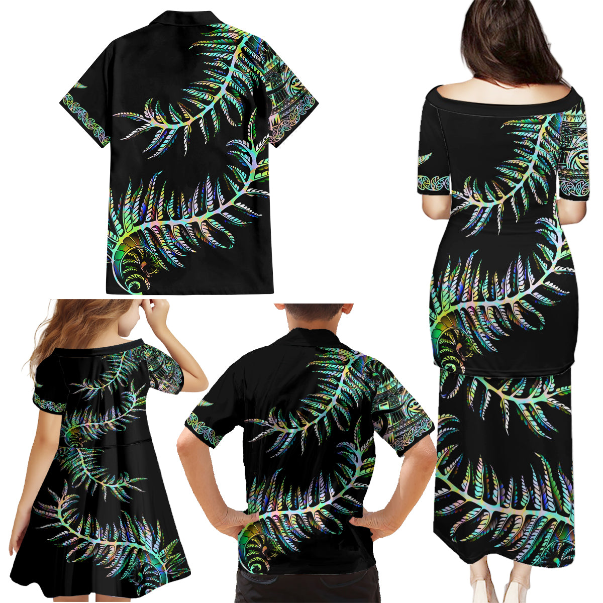 New Zealand Family Matching Puletasi Dress and Hawaiian Shirt Aotearoa Silver Fern Mixed Papua Shell Green Vibe - Wonder Print Shop