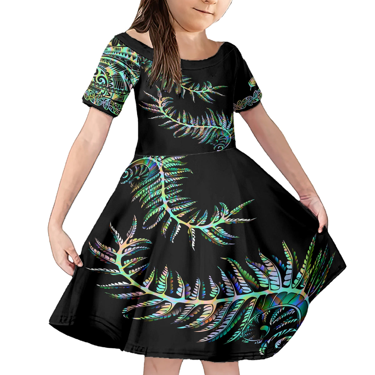 New Zealand Family Matching Short Sleeve Bodycon Dress and Hawaiian Shirt Aotearoa Silver Fern Mixed Papua Shell Green Vibe - Wonder Print Shop
