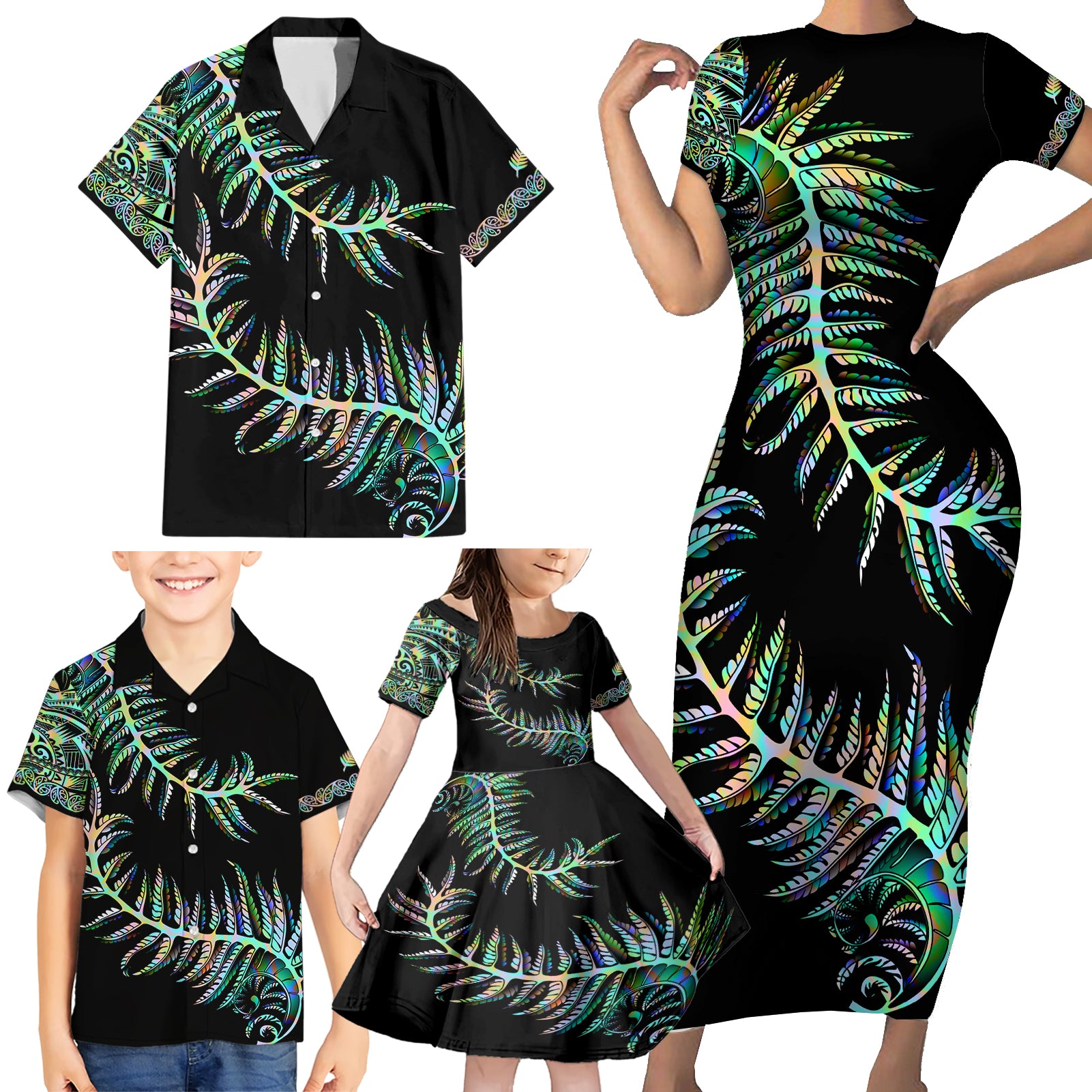 New Zealand Family Matching Short Sleeve Bodycon Dress and Hawaiian Shirt Aotearoa Silver Fern Mixed Papua Shell Green Vibe - Wonder Print Shop