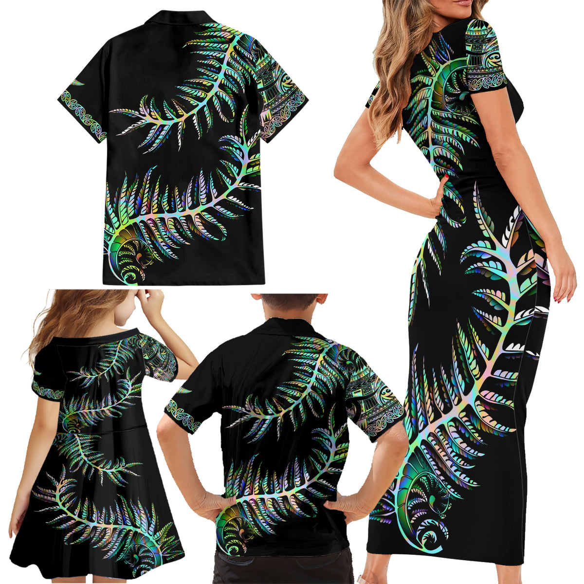 New Zealand Family Matching Short Sleeve Bodycon Dress and Hawaiian Shirt Aotearoa Silver Fern Mixed Papua Shell Green Vibe - Wonder Print Shop