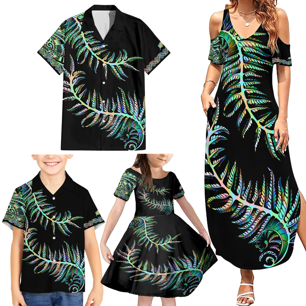 New Zealand Family Matching Summer Maxi Dress and Hawaiian Shirt Aotearoa Silver Fern Mixed Papua Shell Green Vibe - Wonder Print Shop