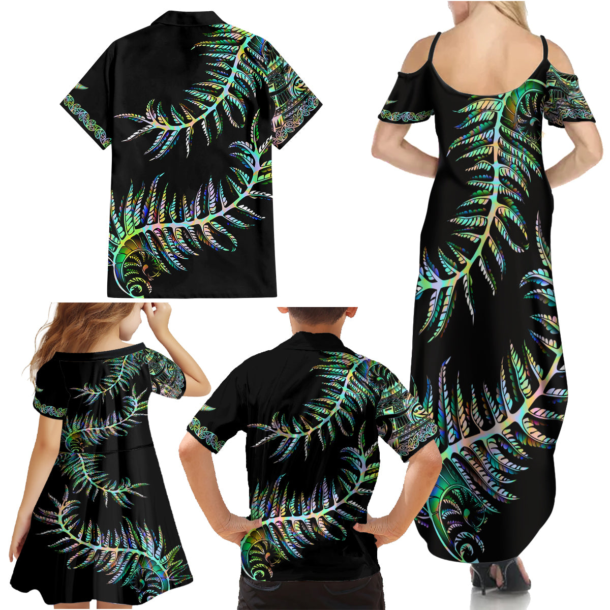 New Zealand Family Matching Summer Maxi Dress and Hawaiian Shirt Aotearoa Silver Fern Mixed Papua Shell Green Vibe - Wonder Print Shop