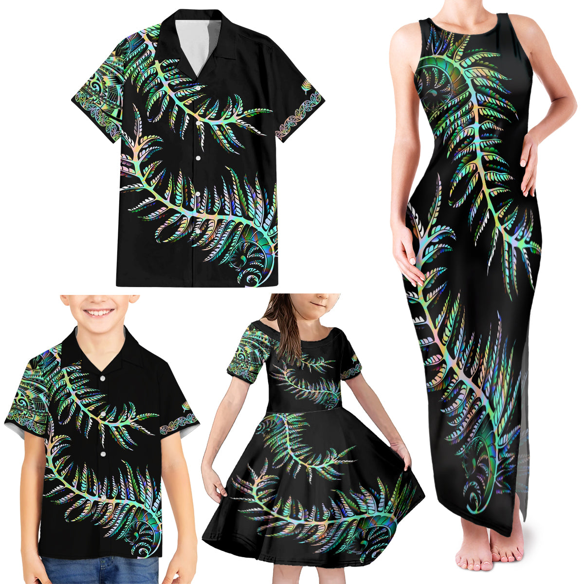 New Zealand Family Matching Tank Maxi Dress and Hawaiian Shirt Aotearoa Silver Fern Mixed Papua Shell Green Vibe - Wonder Print Shop