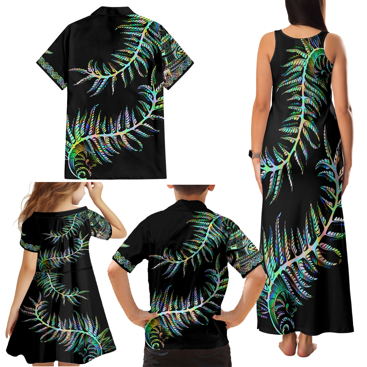 New Zealand Family Matching Tank Maxi Dress and Hawaiian Shirt Aotearoa Silver Fern Mixed Papua Shell Green Vibe - Wonder Print Shop