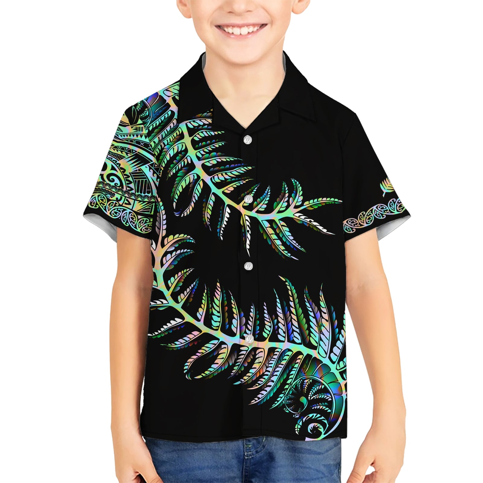 New Zealand Kid Hawaiian Shirt Aotearoa Silver Fern Mixed Papua Shell Green Vibe - Wonder Print Shop
