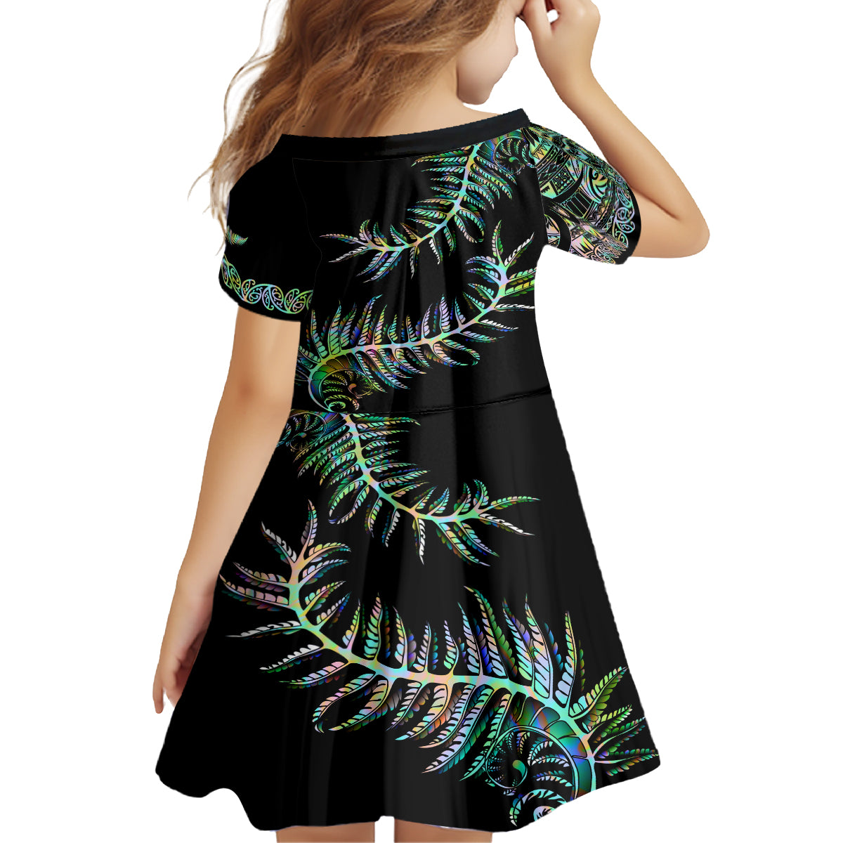New Zealand Kid Short Sleeve Dress Aotearoa Silver Fern Mixed Papua Shell Green Vibe - Wonder Print Shop