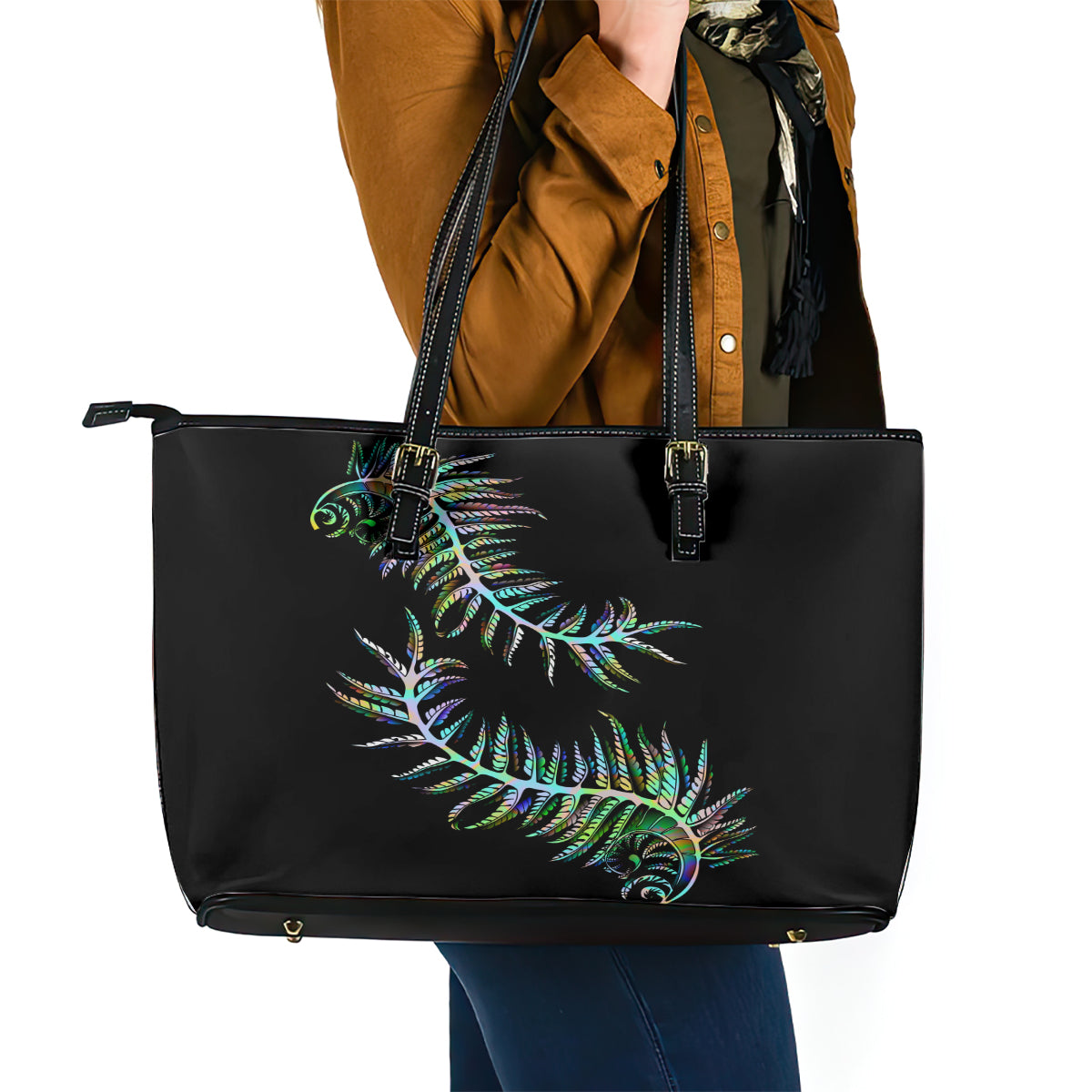 New Zealand Leather Tote Bag Aotearoa Silver Fern Mixed Papua Shell Green Vibe - Wonder Print Shop