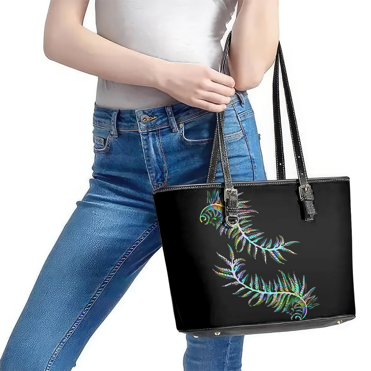 New Zealand Leather Tote Bag Aotearoa Silver Fern Mixed Papua Shell Green Vibe - Wonder Print Shop