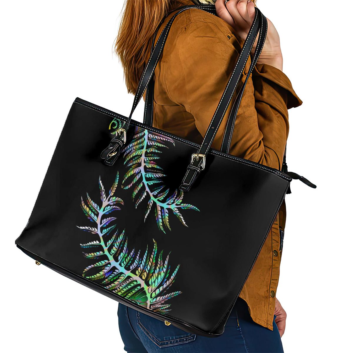 New Zealand Leather Tote Bag Aotearoa Silver Fern Mixed Papua Shell Green Vibe - Wonder Print Shop