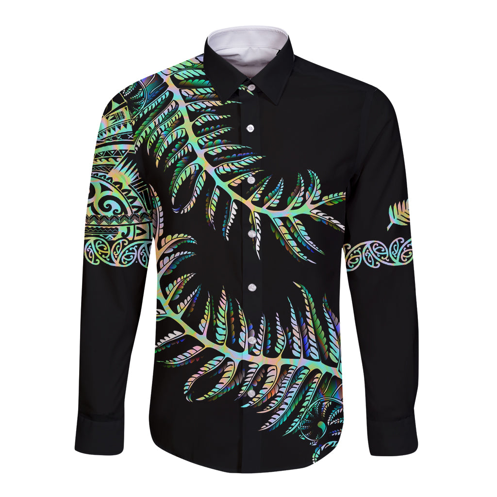 New Zealand Long Sleeve Button Shirt Aotearoa Silver Fern Mixed Papua Shell Green Vibe - Wonder Print Shop