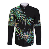 New Zealand Long Sleeve Button Shirt Aotearoa Silver Fern Mixed Papua Shell Green Vibe - Wonder Print Shop