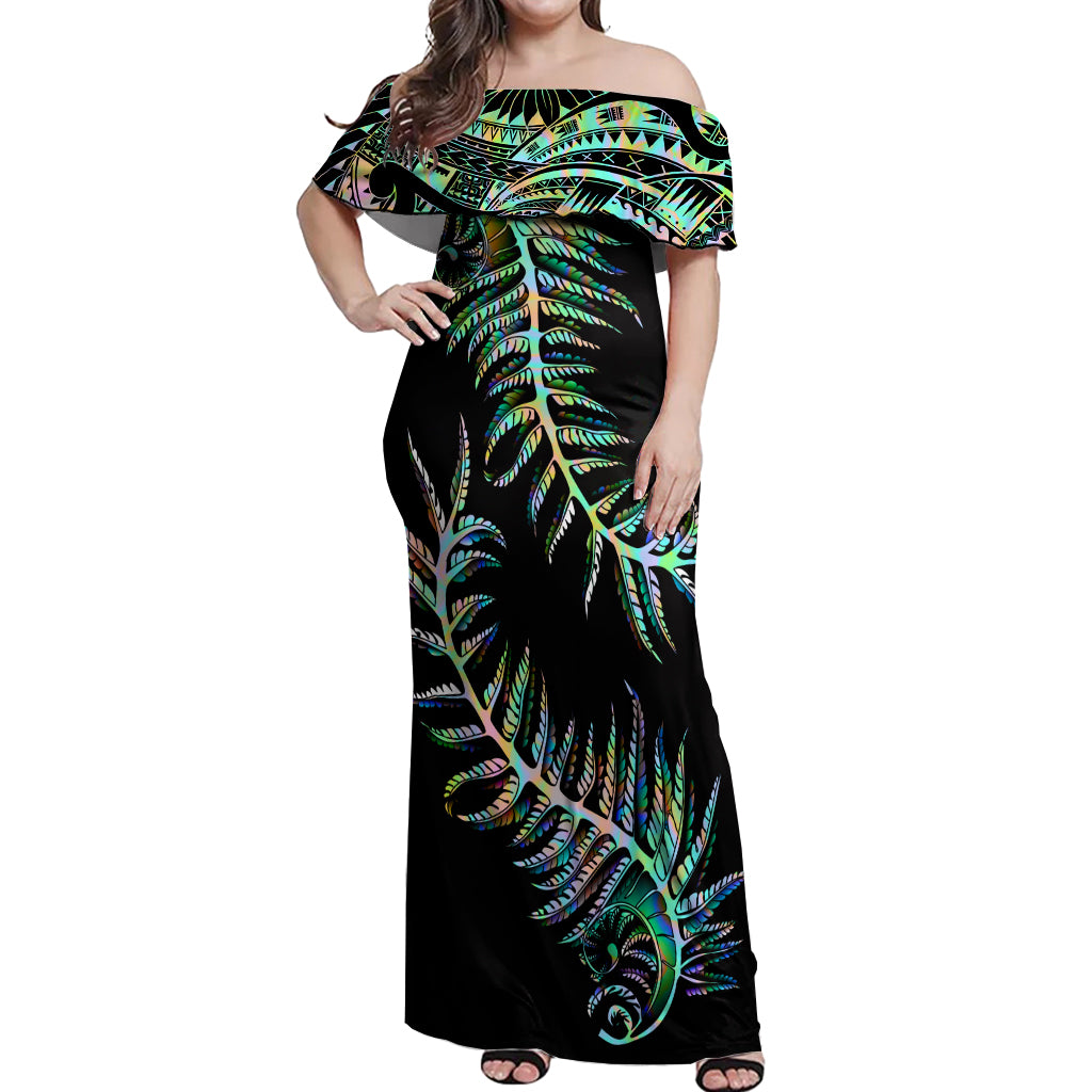 New Zealand Off Shoulder Maxi Dress Aotearoa Silver Fern Mixed Papua Shell Green Vibe - Wonder Print Shop