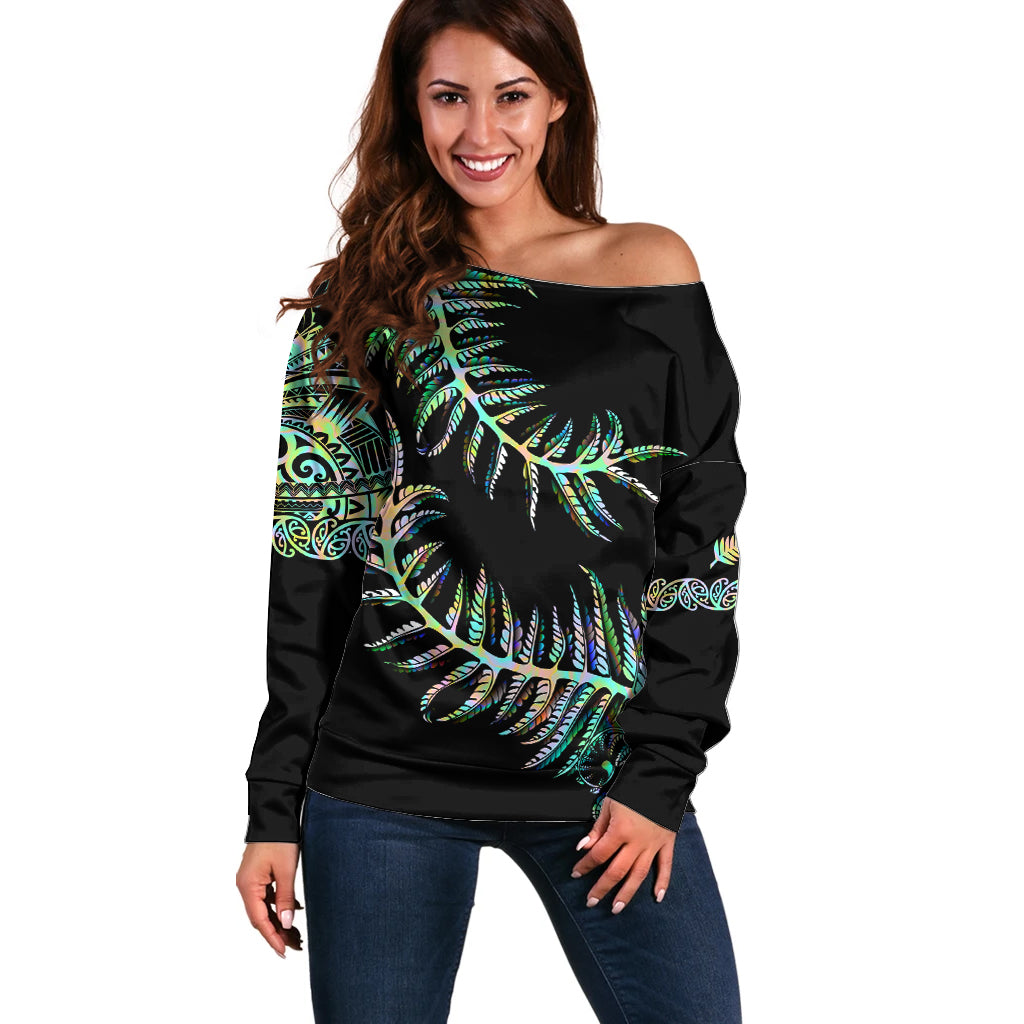New Zealand Off Shoulder Sweater Aotearoa Silver Fern Mixed Papua Shell Green Vibe - Wonder Print Shop