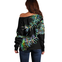 New Zealand Off Shoulder Sweater Aotearoa Silver Fern Mixed Papua Shell Green Vibe - Wonder Print Shop