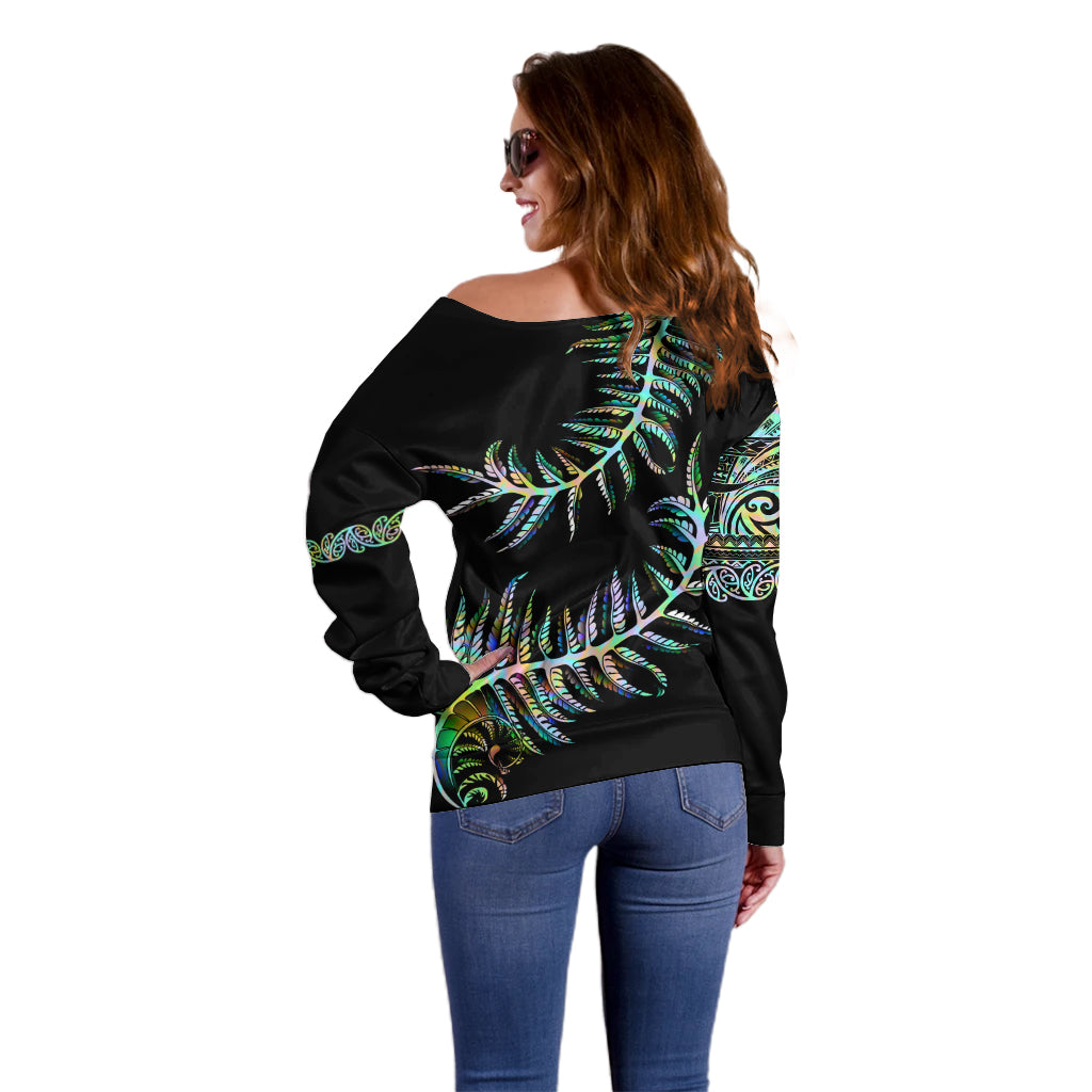 New Zealand Off Shoulder Sweater Aotearoa Silver Fern Mixed Papua Shell Green Vibe - Wonder Print Shop