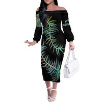 New Zealand Off The Shoulder Long Sleeve Dress Aotearoa Silver Fern Mixed Papua Shell Green Vibe - Wonder Print Shop