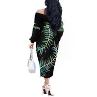 New Zealand Off The Shoulder Long Sleeve Dress Aotearoa Silver Fern Mixed Papua Shell Green Vibe - Wonder Print Shop