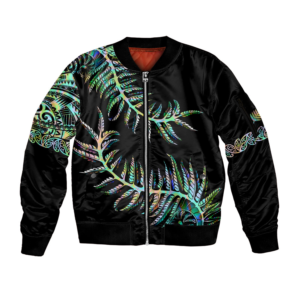 New Zealand Sleeve Zip Bomber Jacket Aotearoa Silver Fern Mixed Papua Shell Green Vibe - Wonder Print Shop