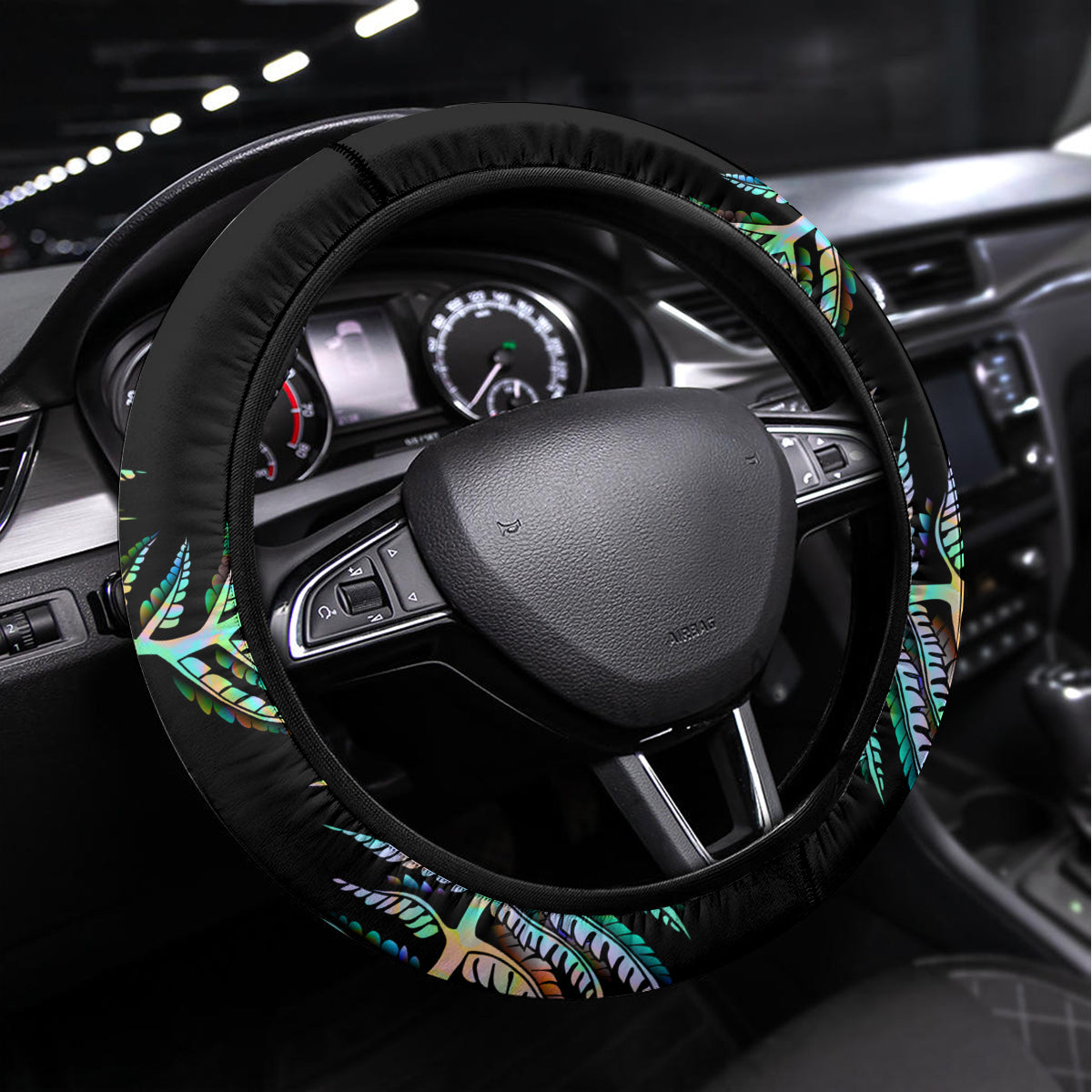 New Zealand Steering Wheel Cover Aotearoa Silver Fern Mixed Papua Shell Green Vibe - Wonder Print Shop