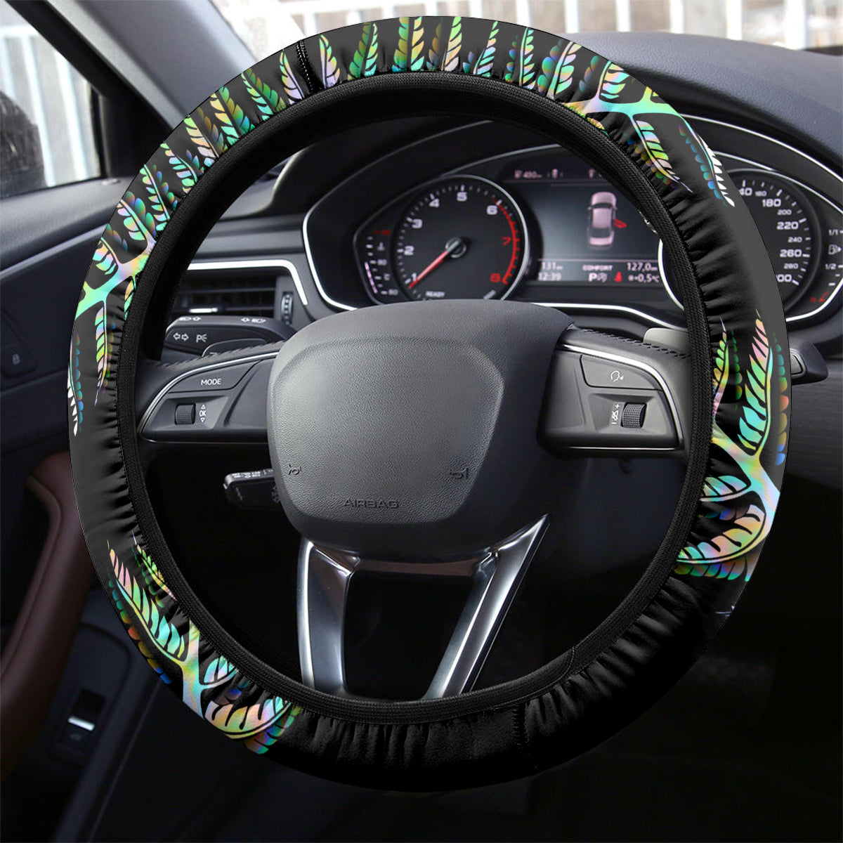 New Zealand Steering Wheel Cover Aotearoa Silver Fern Mixed Papua Shell Green Vibe - Wonder Print Shop