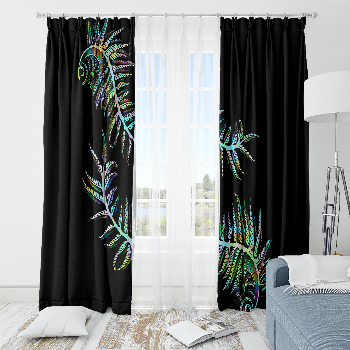 New Zealand Window Curtain Aotearoa Silver Fern Mixed Papua Shell Green Vibe - Wonder Print Shop
