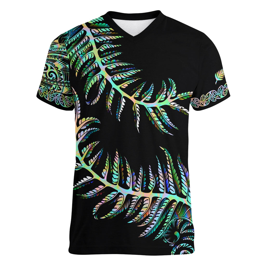 New Zealand Women V Neck T Shirt Aotearoa Silver Fern Mixed Papua Shell Green Vibe - Wonder Print Shop