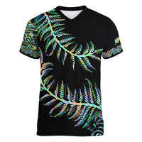 New Zealand Women V Neck T Shirt Aotearoa Silver Fern Mixed Papua Shell Green Vibe - Wonder Print Shop
