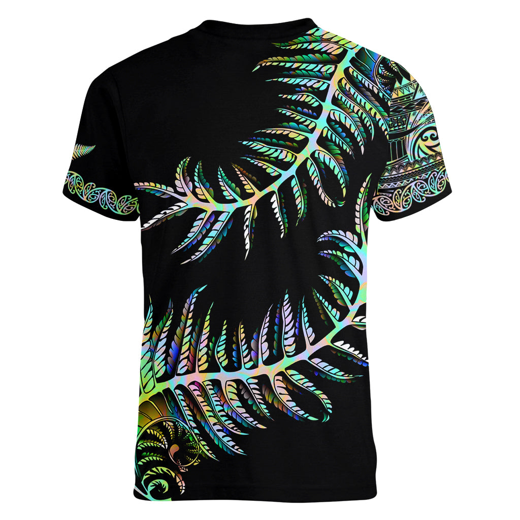 New Zealand Women V Neck T Shirt Aotearoa Silver Fern Mixed Papua Shell Green Vibe - Wonder Print Shop