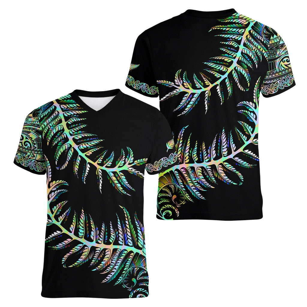 New Zealand Women V Neck T Shirt Aotearoa Silver Fern Mixed Papua Shell Green Vibe - Wonder Print Shop