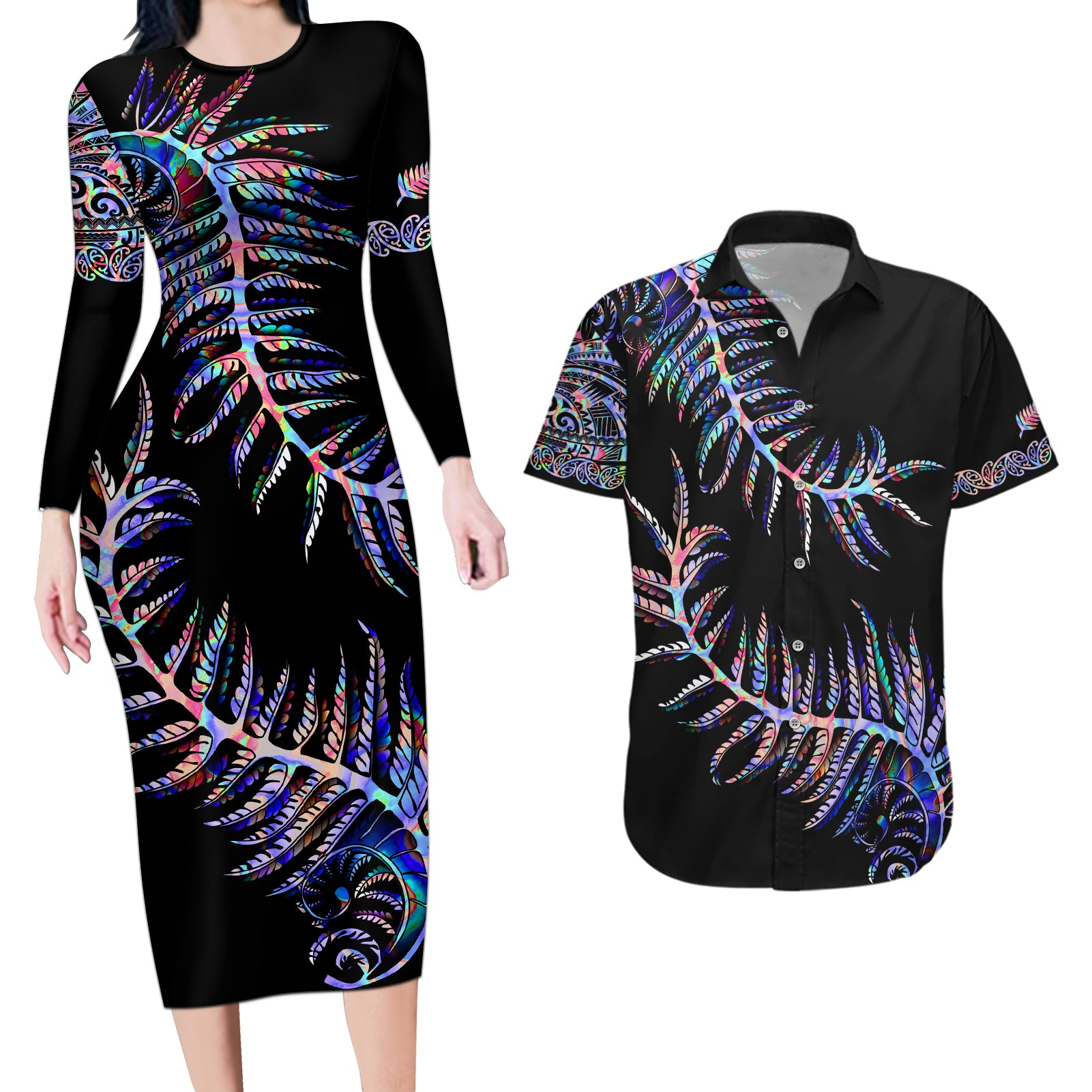 New Zealand Couples Matching Long Sleeve Bodycon Dress and Hawaiian Shirt Aotearoa Silver Fern Mixed Papua Shell Purple Vibe LT9 - Wonder Print Shop