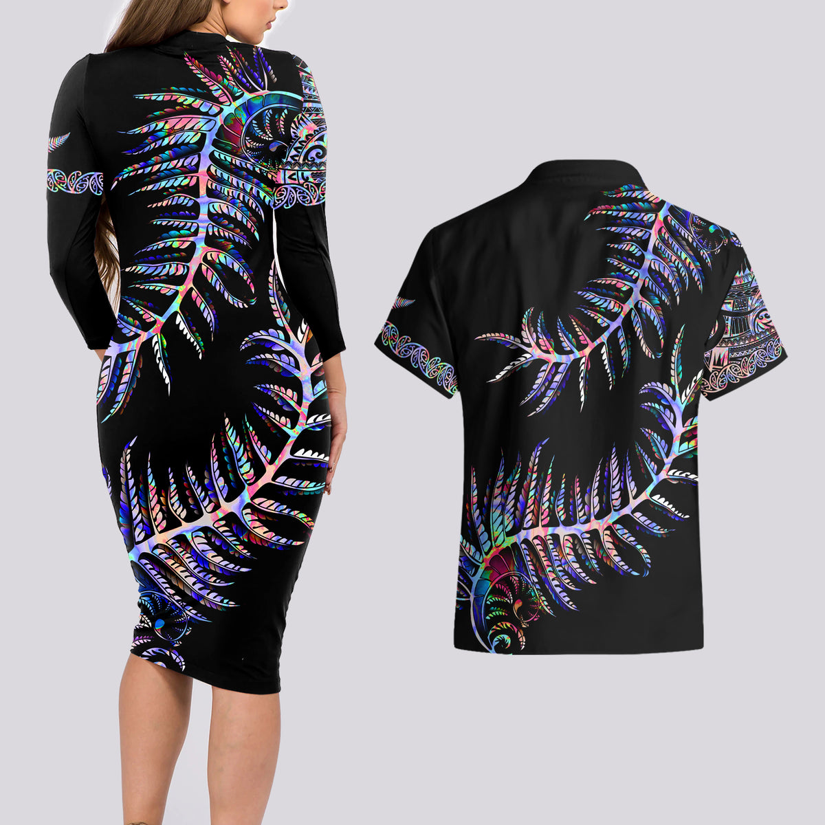 New Zealand Couples Matching Long Sleeve Bodycon Dress and Hawaiian Shirt Aotearoa Silver Fern Mixed Papua Shell Purple Vibe LT9 - Wonder Print Shop