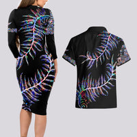 New Zealand Couples Matching Long Sleeve Bodycon Dress and Hawaiian Shirt Aotearoa Silver Fern Mixed Papua Shell Purple Vibe LT9 - Wonder Print Shop