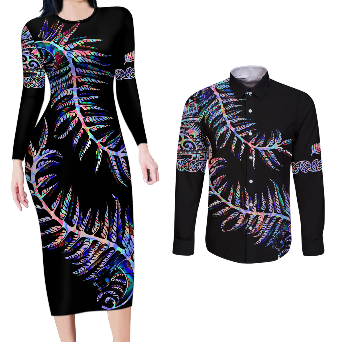 New Zealand Couples Matching Long Sleeve Bodycon Dress and Long Sleeve Button Shirt Aotearoa Silver Fern Mixed Papua Shell Purple Vibe LT9 - Wonder Print Shop