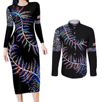 New Zealand Couples Matching Long Sleeve Bodycon Dress and Long Sleeve Button Shirt Aotearoa Silver Fern Mixed Papua Shell Purple Vibe LT9 - Wonder Print Shop