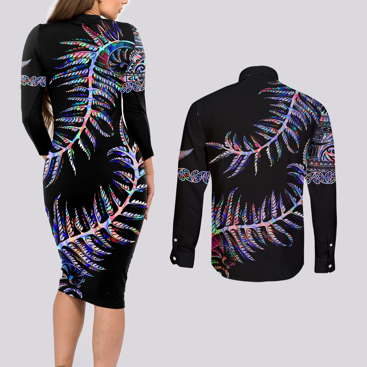 New Zealand Couples Matching Long Sleeve Bodycon Dress and Long Sleeve Button Shirt Aotearoa Silver Fern Mixed Papua Shell Purple Vibe LT9 - Wonder Print Shop