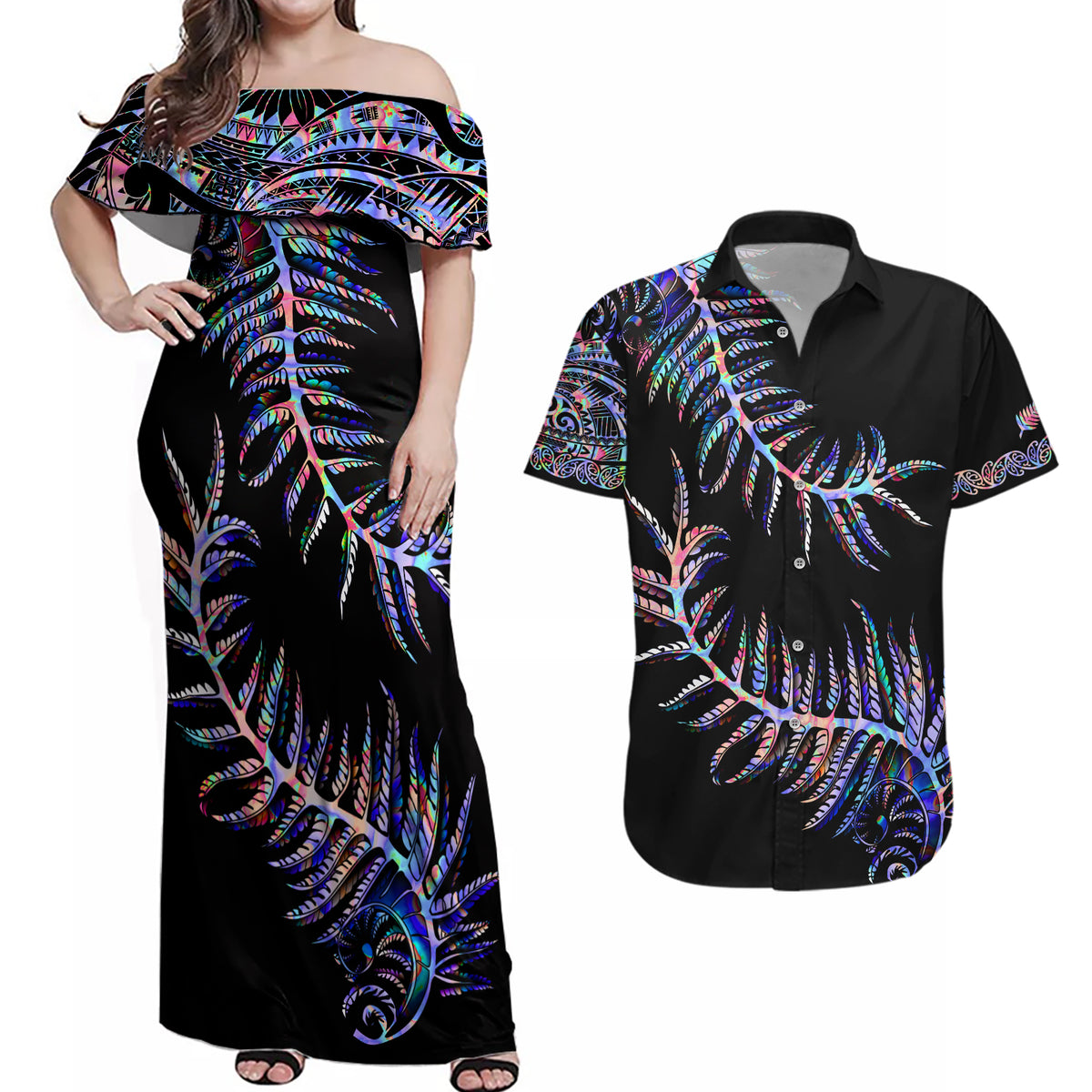 New Zealand Couples Matching Off Shoulder Maxi Dress and Hawaiian Shirt Aotearoa Silver Fern Mixed Papua Shell Purple Vibe LT9 - Wonder Print Shop