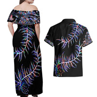New Zealand Couples Matching Off Shoulder Maxi Dress and Hawaiian Shirt Aotearoa Silver Fern Mixed Papua Shell Purple Vibe LT9 - Wonder Print Shop