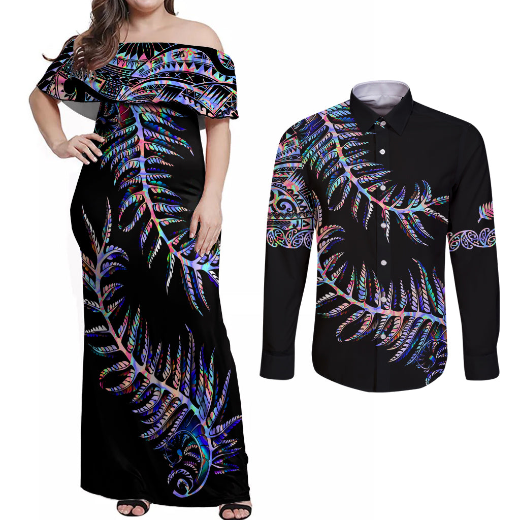 New Zealand Couples Matching Off Shoulder Maxi Dress and Long Sleeve Button Shirt Aotearoa Silver Fern Mixed Papua Shell Purple Vibe LT9 - Wonder Print Shop