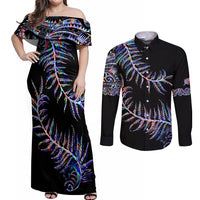 New Zealand Couples Matching Off Shoulder Maxi Dress and Long Sleeve Button Shirt Aotearoa Silver Fern Mixed Papua Shell Purple Vibe LT9 - Wonder Print Shop