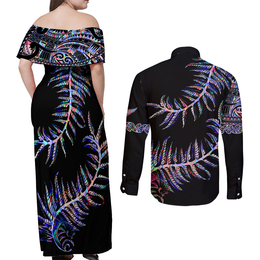 New Zealand Couples Matching Off Shoulder Maxi Dress and Long Sleeve Button Shirt Aotearoa Silver Fern Mixed Papua Shell Purple Vibe LT9 - Wonder Print Shop
