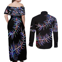New Zealand Couples Matching Off Shoulder Maxi Dress and Long Sleeve Button Shirt Aotearoa Silver Fern Mixed Papua Shell Purple Vibe LT9 - Wonder Print Shop