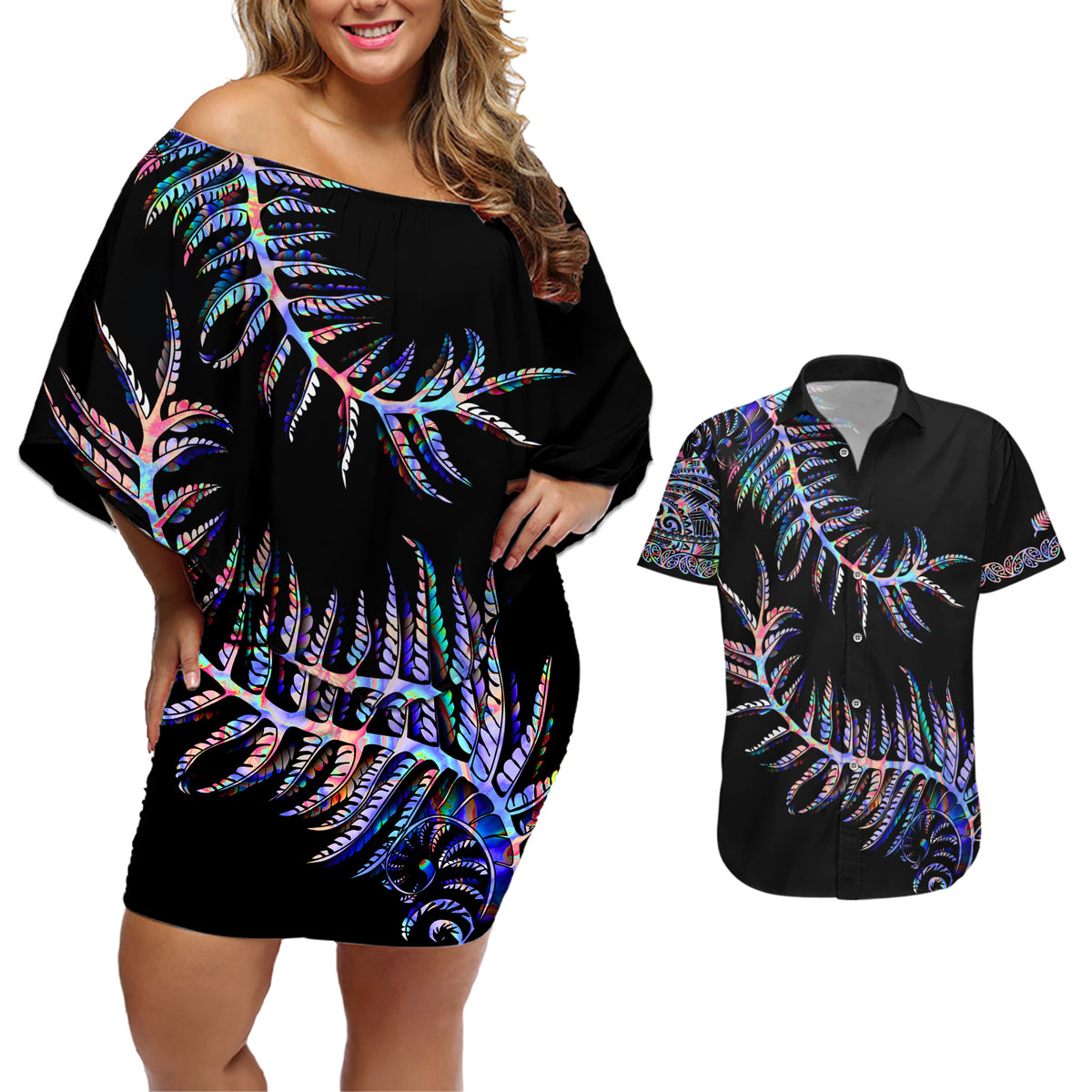 New Zealand Couples Matching Off Shoulder Short Dress and Hawaiian Shirt Aotearoa Silver Fern Mixed Papua Shell Purple Vibe LT9 - Wonder Print Shop