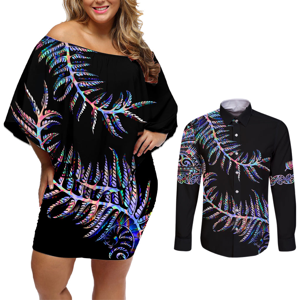 New Zealand Couples Matching Off Shoulder Short Dress and Long Sleeve Button Shirt Aotearoa Silver Fern Mixed Papua Shell Purple Vibe LT9 - Wonder Print Shop