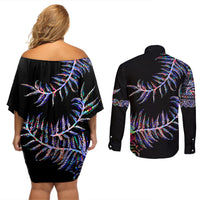 New Zealand Couples Matching Off Shoulder Short Dress and Long Sleeve Button Shirt Aotearoa Silver Fern Mixed Papua Shell Purple Vibe LT9 - Wonder Print Shop