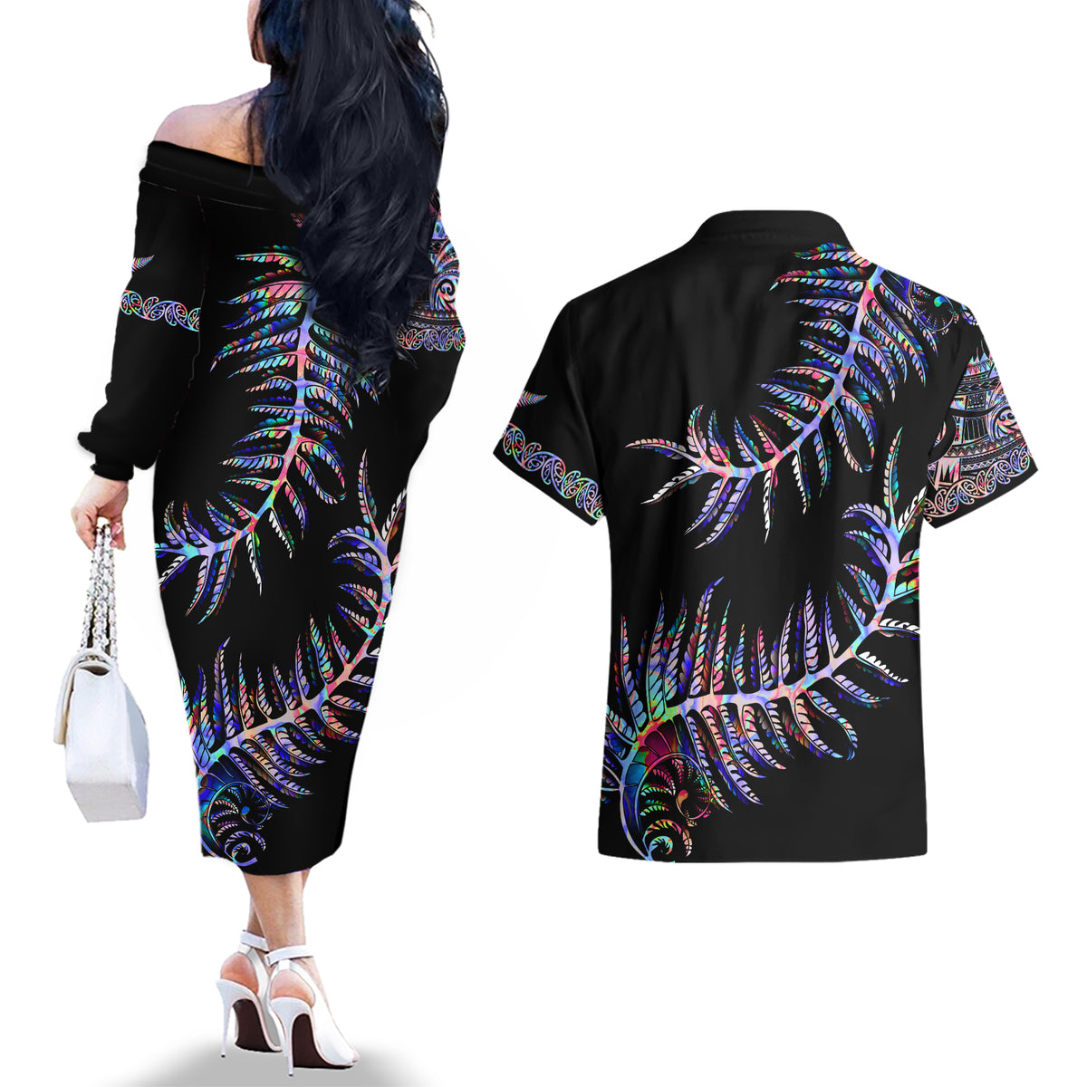 New Zealand Couples Matching Off The Shoulder Long Sleeve Dress and Hawaiian Shirt Aotearoa Silver Fern Mixed Papua Shell Purple Vibe LT9 - Wonder Print Shop