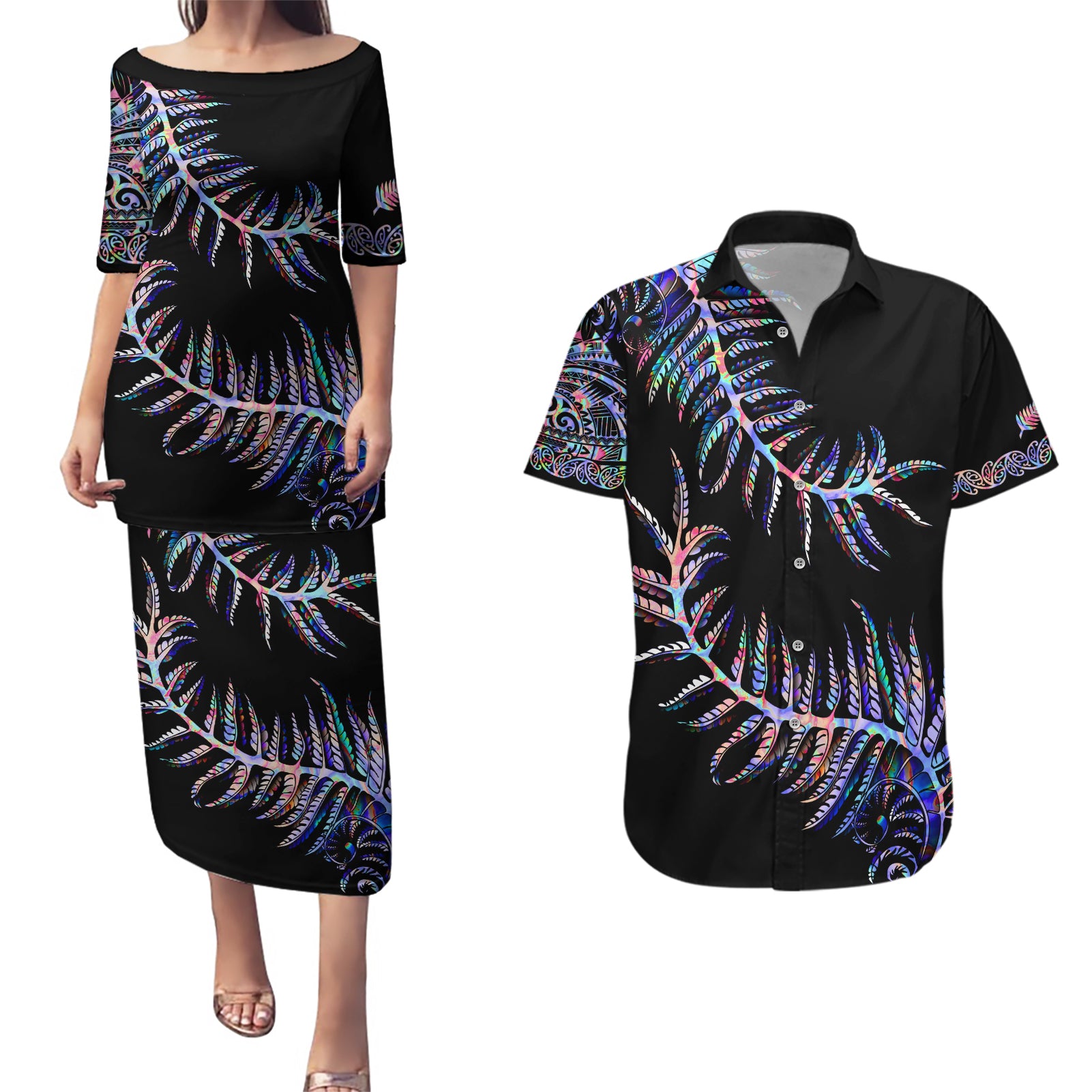 New Zealand Couples Matching Puletasi Dress and Hawaiian Shirt Aotearoa Silver Fern Mixed Papua Shell Purple Vibe LT9 - Wonder Print Shop