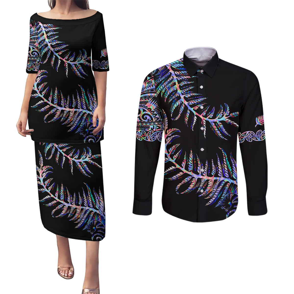 New Zealand Couples Matching Puletasi Dress and Long Sleeve Button Shirt Aotearoa Silver Fern Mixed Papua Shell Purple Vibe LT9 - Wonder Print Shop
