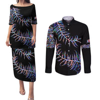 New Zealand Couples Matching Puletasi Dress and Long Sleeve Button Shirt Aotearoa Silver Fern Mixed Papua Shell Purple Vibe LT9 - Wonder Print Shop
